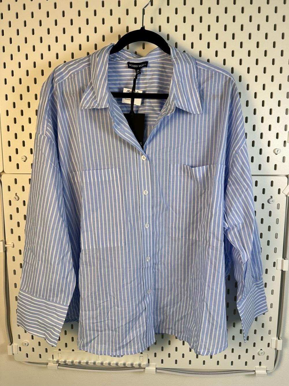Modern Works Button Down Flowy Shirt in White/Blue Stripe 100% Cotton